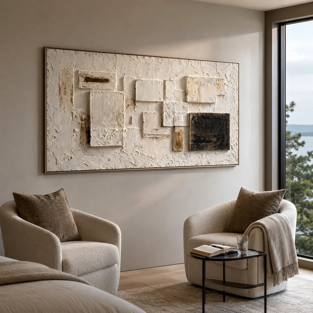 Warm Beige and Black Geometric Textured Wall Art for Living Room #94H32ZBT