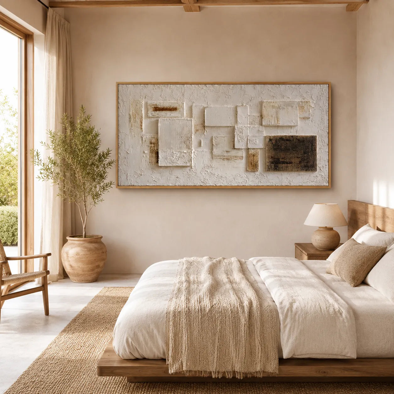 Horizontal Textured Geometric Wall Art, Neutral Cream Beige Black for Living Room #94H32ZBT