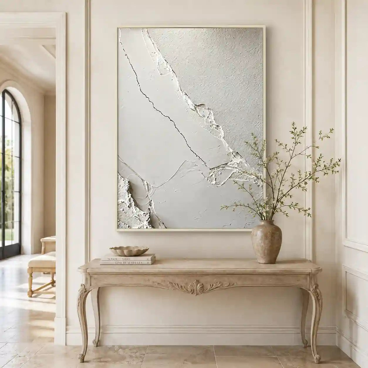 Minimalist White Textured Abstract Wall Art with Diagonal Lines for Entryway