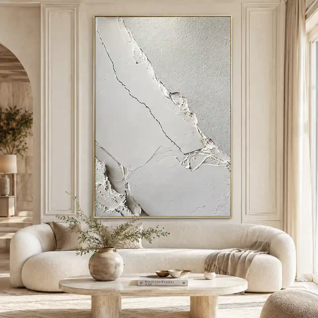 Minimalist White Textured Abstract Wall Art with Diagonal Lines for Entryway