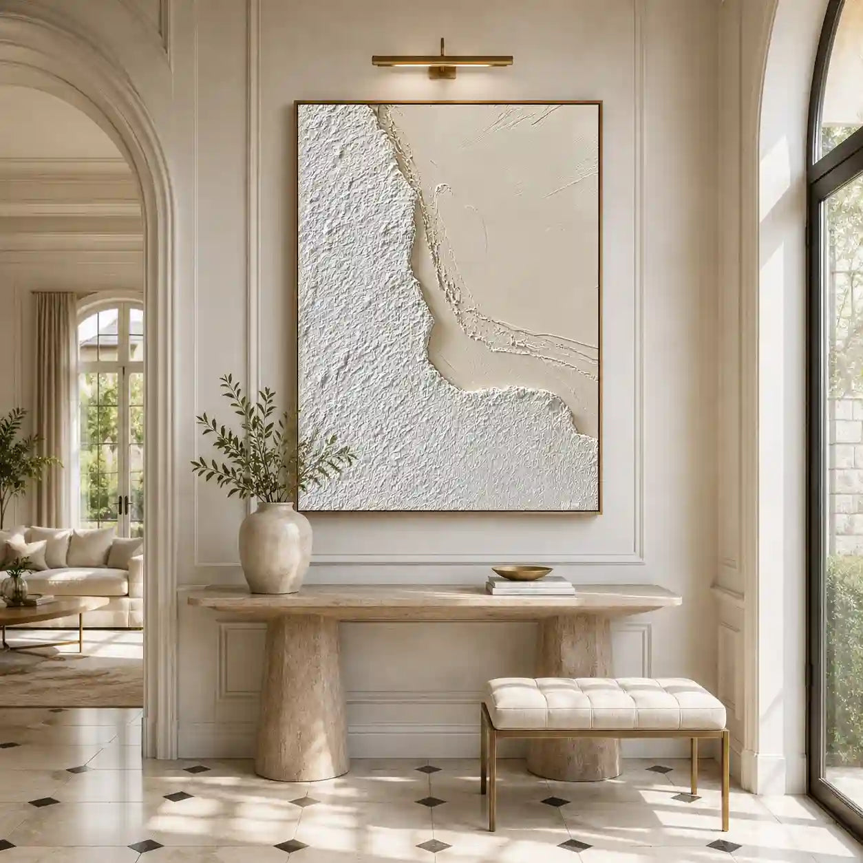 Minimalist White Textured Abstract Wall Art with Organic Curves for Dining Room