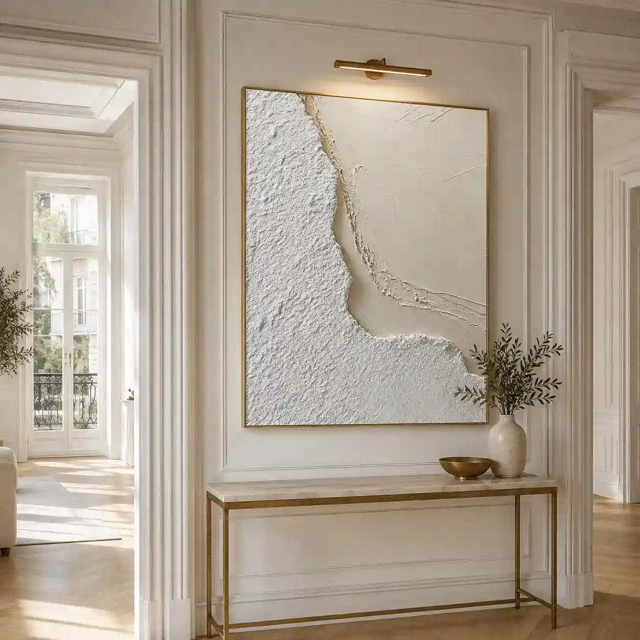 Minimalist White Textured Abstract Wall Art with Organic Curves for Dining Room