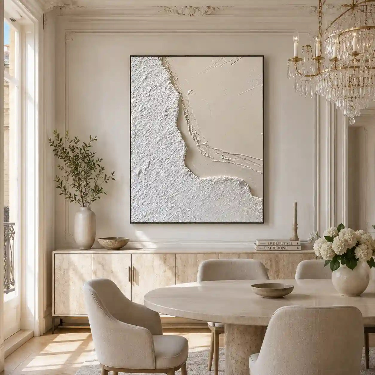 Minimalist White Textured Abstract Wall Art with Organic Curves for Dining Room