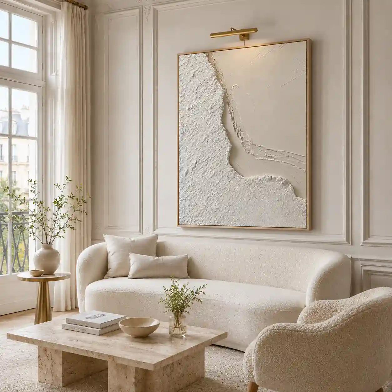 Minimalist White Textured Abstract Wall Art with Organic Curves for Dining Room
