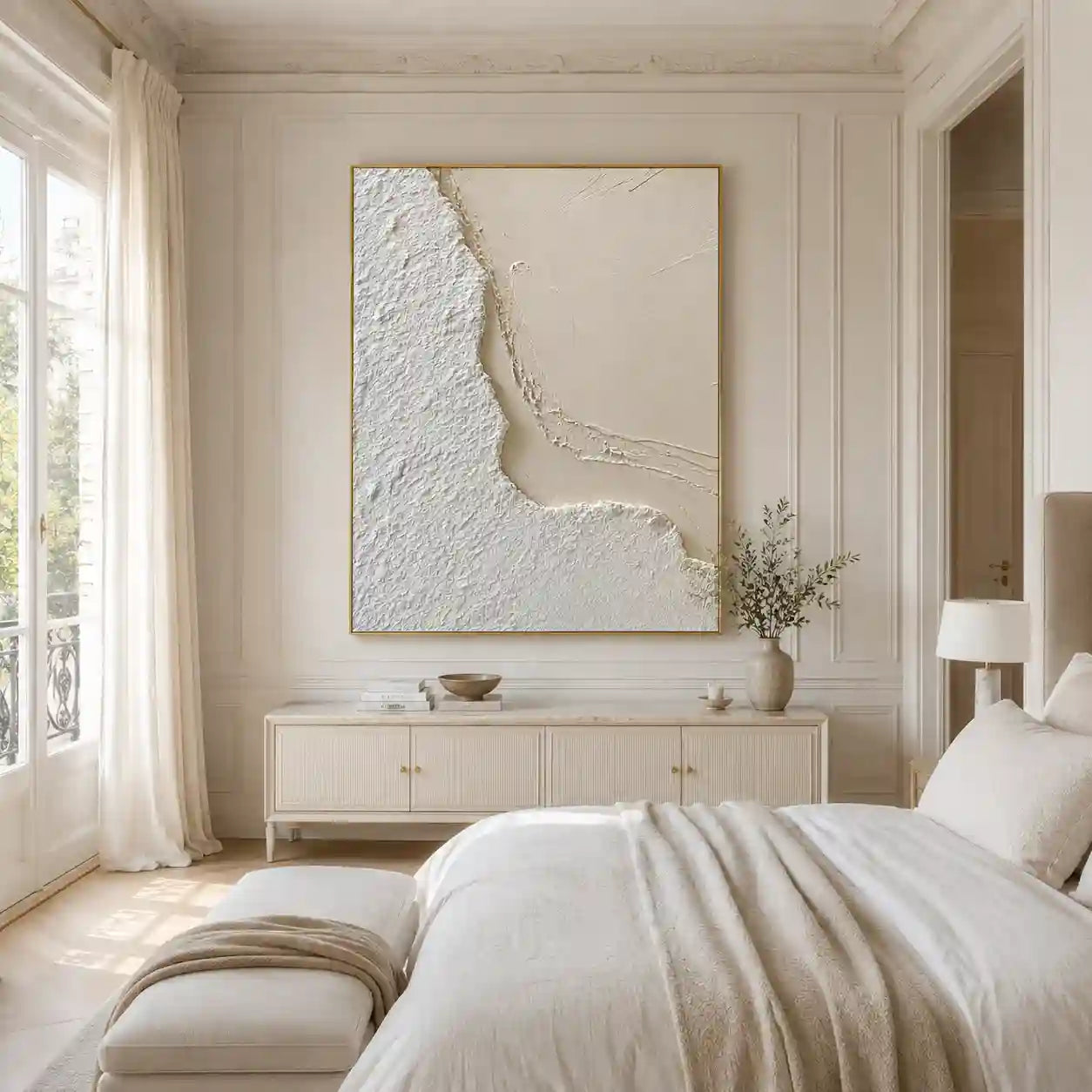 Minimalist White Textured Abstract Wall Art with Organic Curves for Dining Room