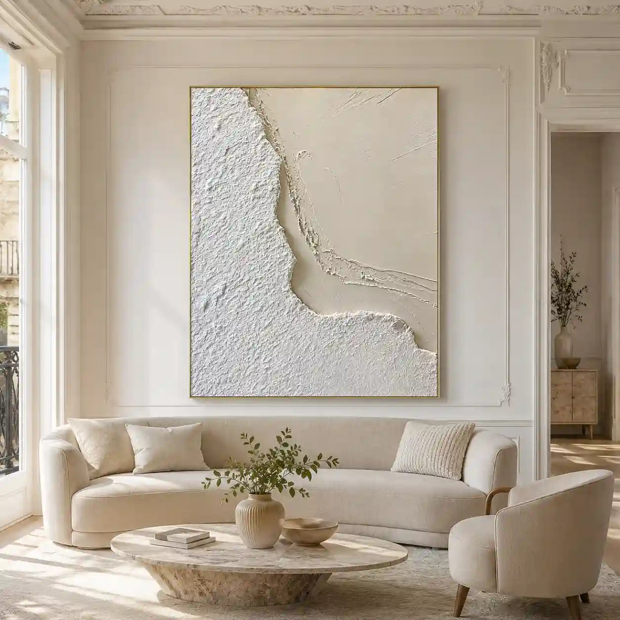 Minimalist White Textured Abstract Wall Art with Organic Curves for Dining Room