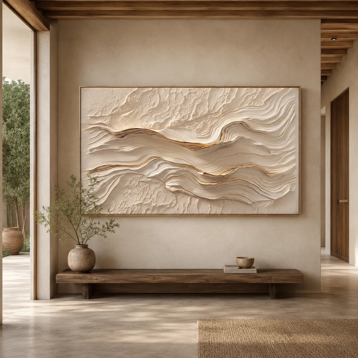 Horizontal 3D Textured Wave Wall Art, Neutral Cream Beige Abstract for Living Room #STTK0A3I
