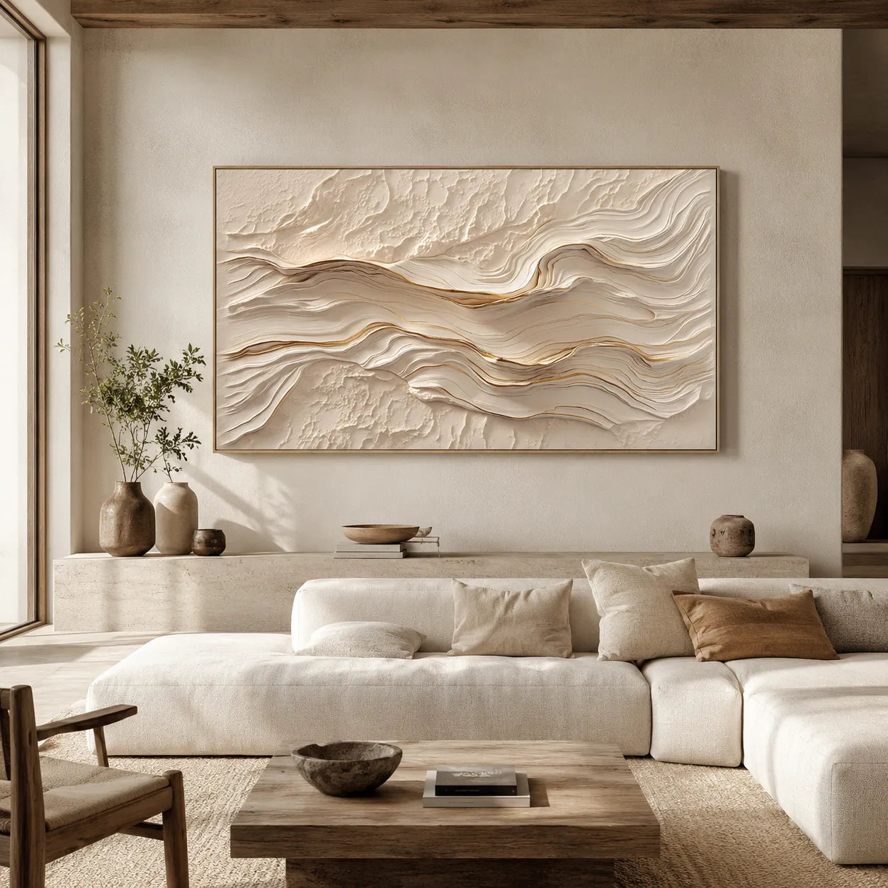 Horizontal 3D Textured Wave Wall Art, Neutral Cream Beige Abstract for Living Room #STTK0A3I