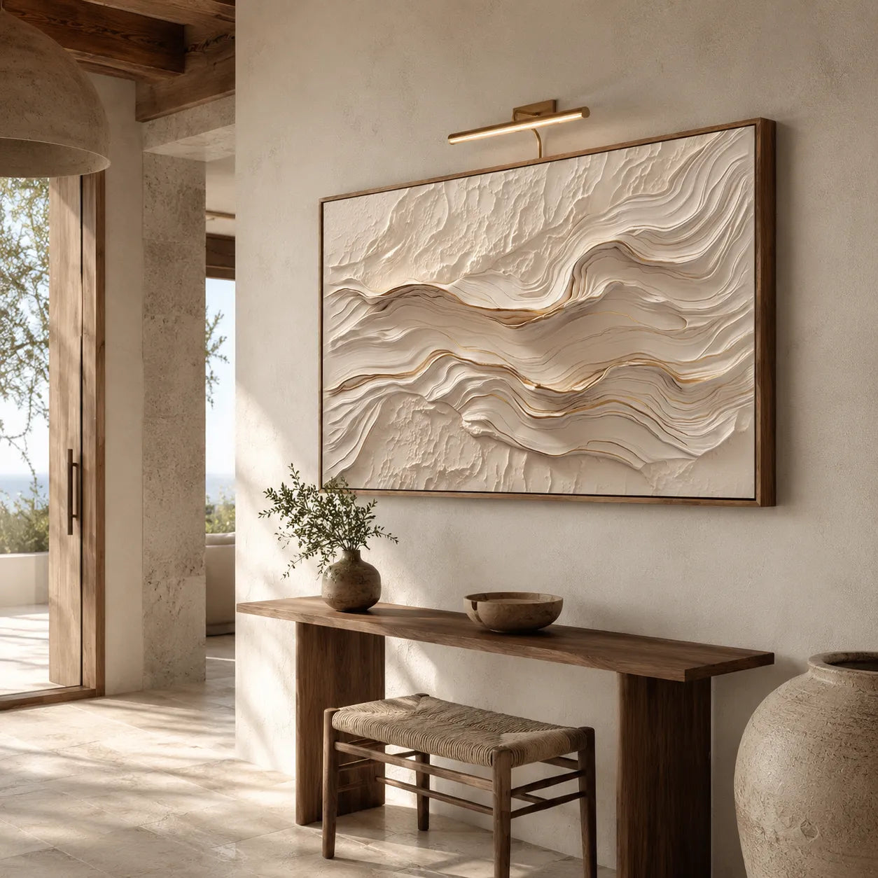 Horizontal 3D Textured Wave Wall Art, Neutral Cream Beige Abstract for Living Room #STTK0A3I