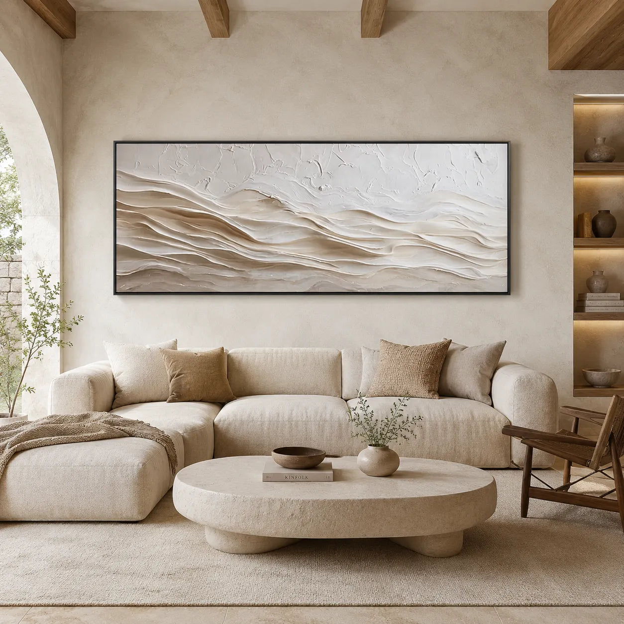Horizontal 3D Textured Ridge Wall Art, Neutral Cream Beige Abstract for Living Room#ZNS5AB2A