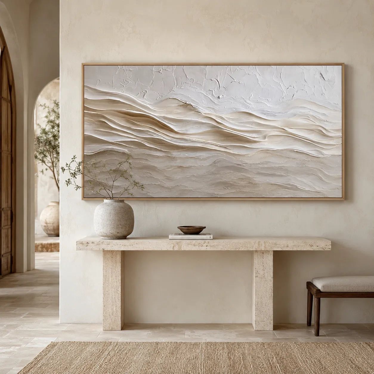 Horizontal 3D Textured Ridge Wall Art, Neutral Cream Beige Abstract for Living Room#ZNS5AB2A