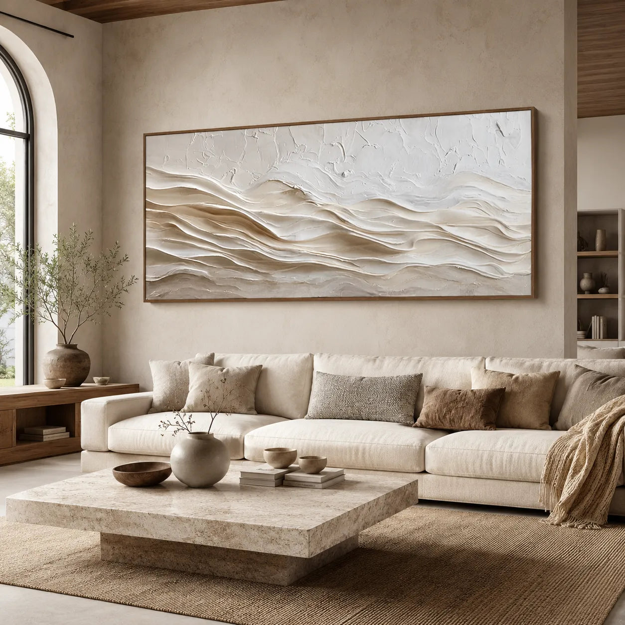 Horizontal 3D Textured Ridge Wall Art, Neutral Cream Beige Abstract for Living Room#ZNS5AB2A