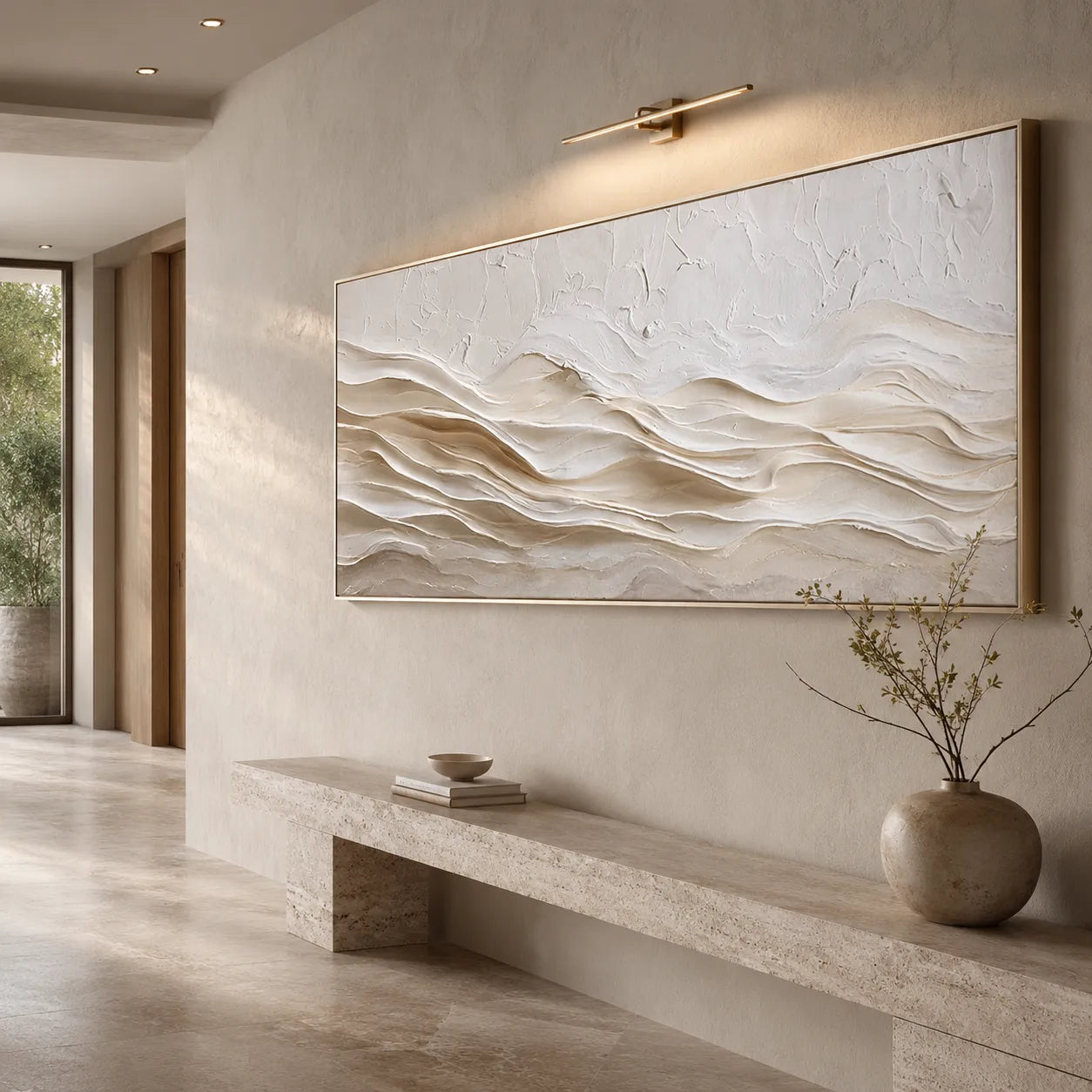 Horizontal 3D Textured Ridge Wall Art, Neutral Cream Beige Abstract for Living Room#ZNS5AB2A