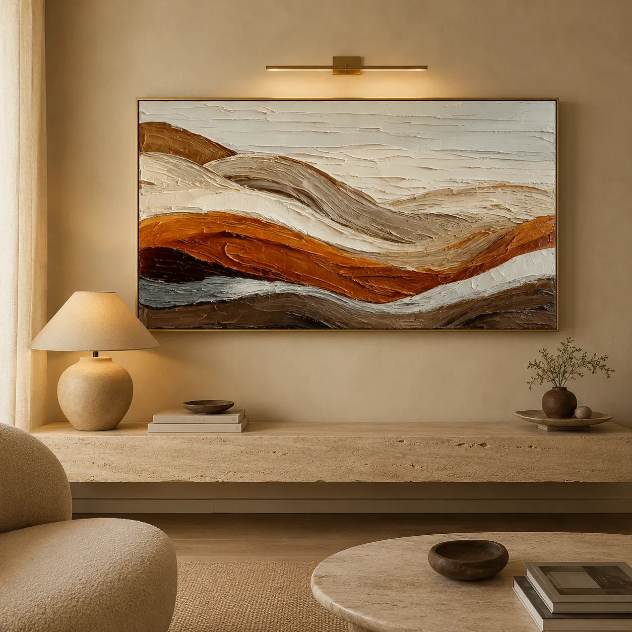 Horizontal 3D Textured Landscape Wall Art, Terracotta Cream Beige for Living Room #I2GCT421