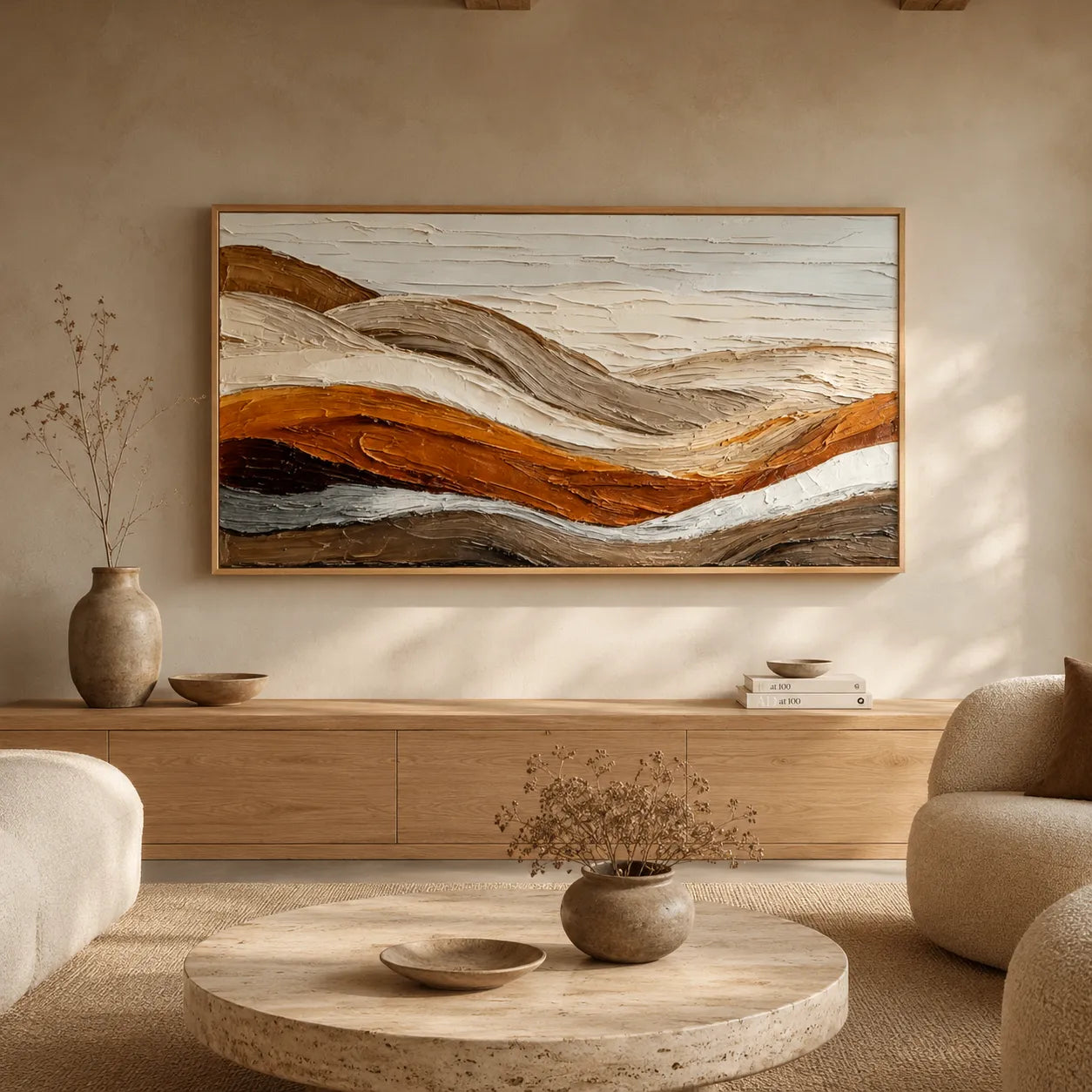 Horizontal 3D Textured Landscape Wall Art, Terracotta Cream Beige for Living Room #I2GCT421