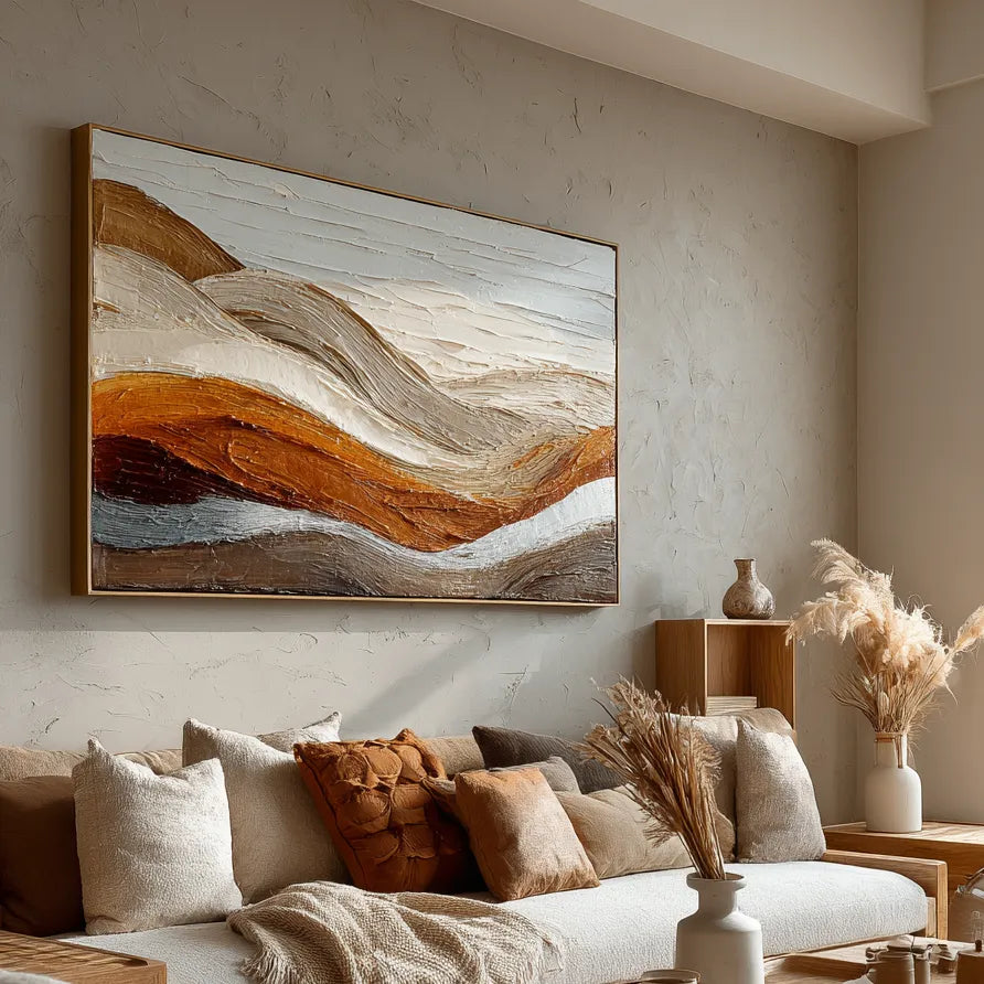 Horizontal 3D Textured Landscape Wall Art, Terracotta Cream Beige for Living Room #I2GCT421