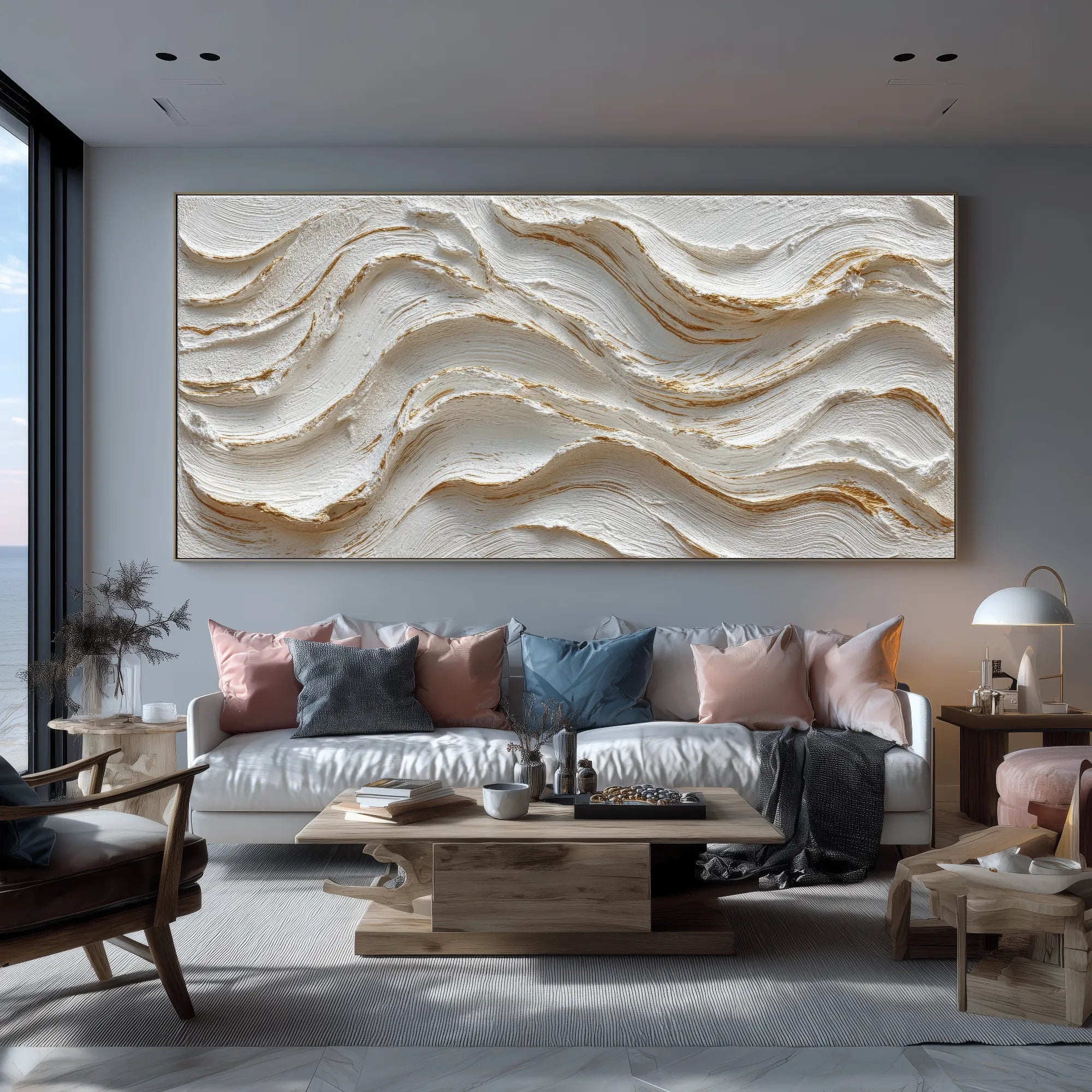 Horizontal 3D Textured Cream Wave Wall Art, Neutral White Tan Abstract for Living Room #VKQLU69U