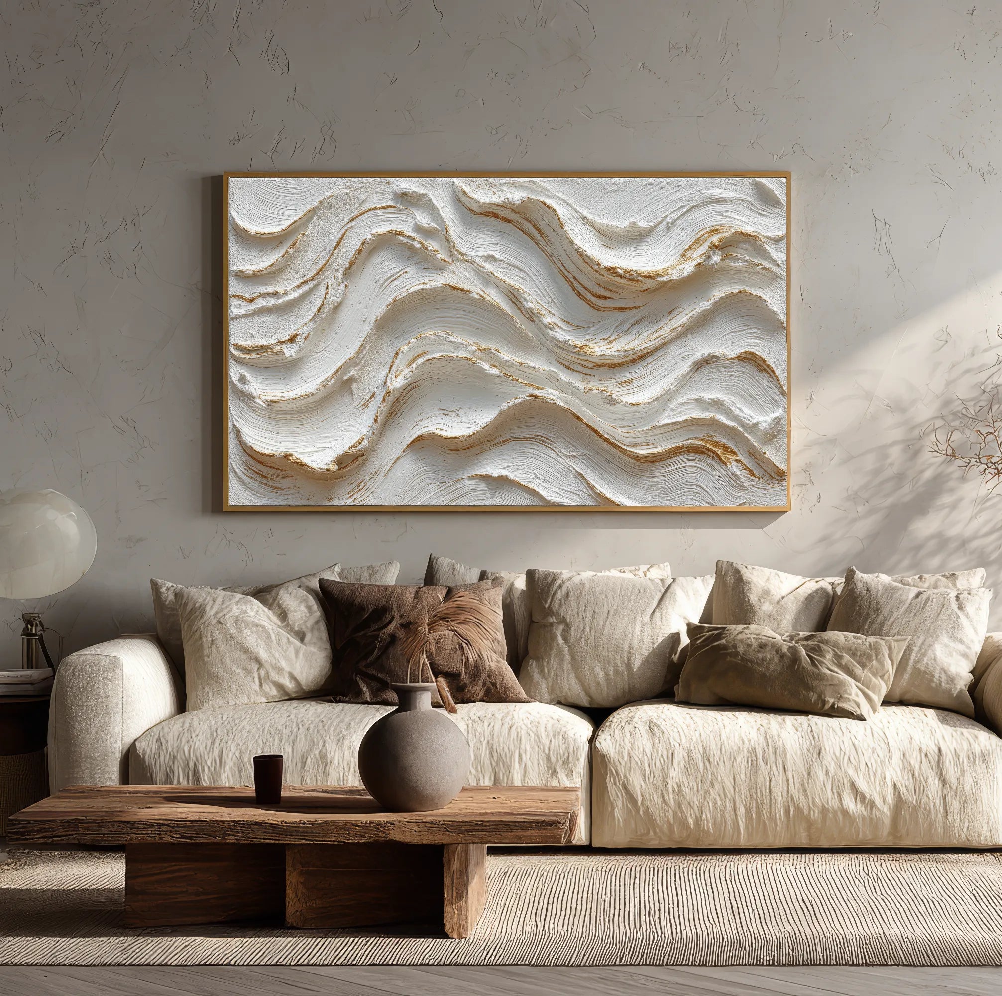 Horizontal 3D Textured Cream Wave Wall Art, Neutral White Tan Abstract for Living Room #VKQLU69U