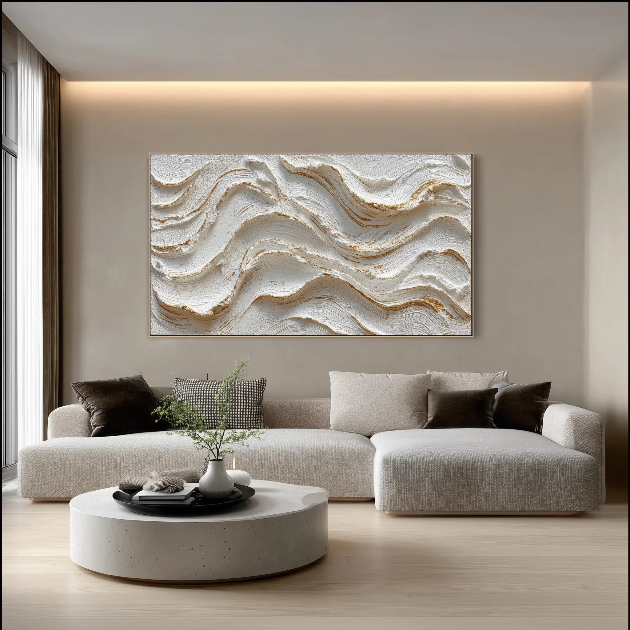 Horizontal 3D Textured Cream Wave Wall Art, Neutral White Tan Abstract for Living Room #VKQLU69U