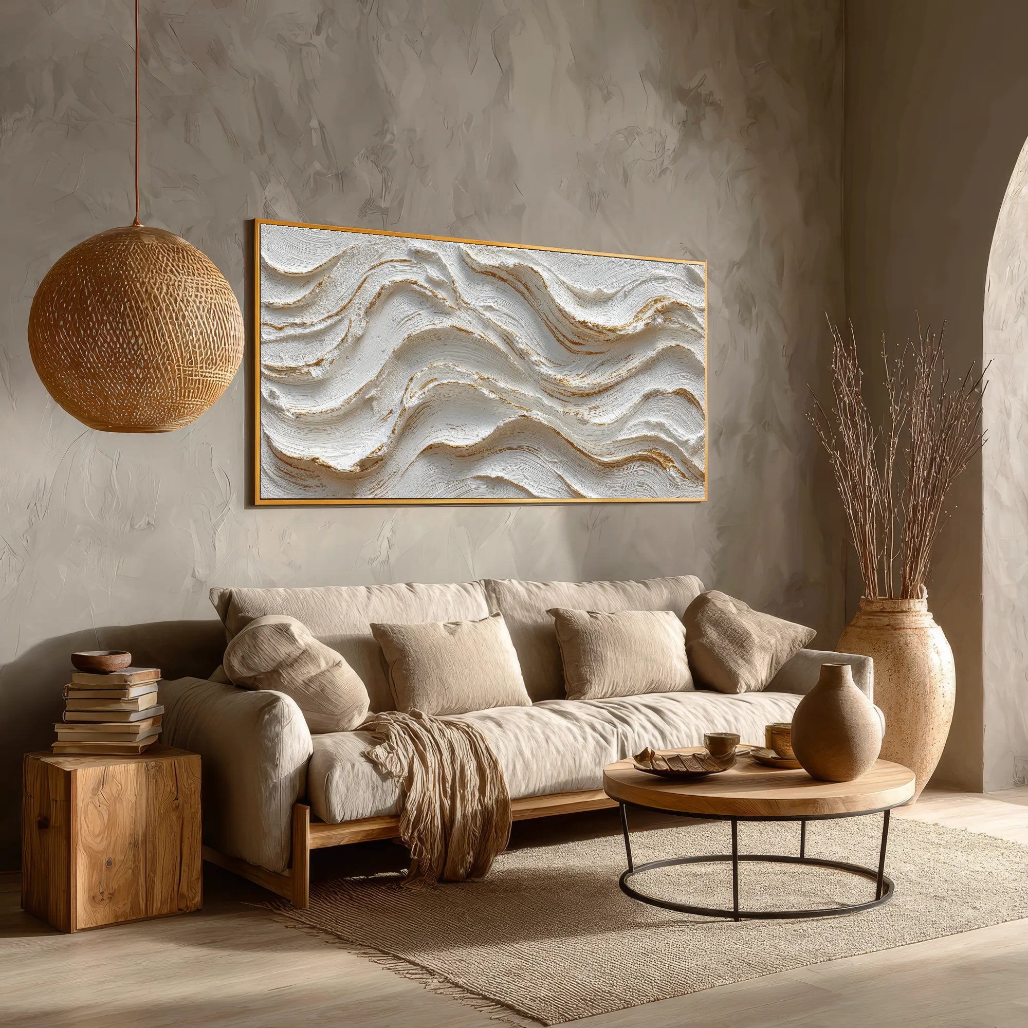 Horizontal 3D Textured Cream Wave Wall Art, Neutral White Tan Abstract for Living Room #VKQLU69U