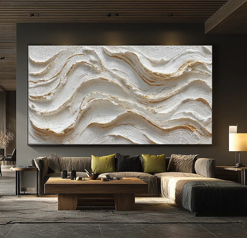 Horizontal 3D Textured Cream Wave Wall Art, Neutral White Tan Abstract for Living Room #VKQLU69U