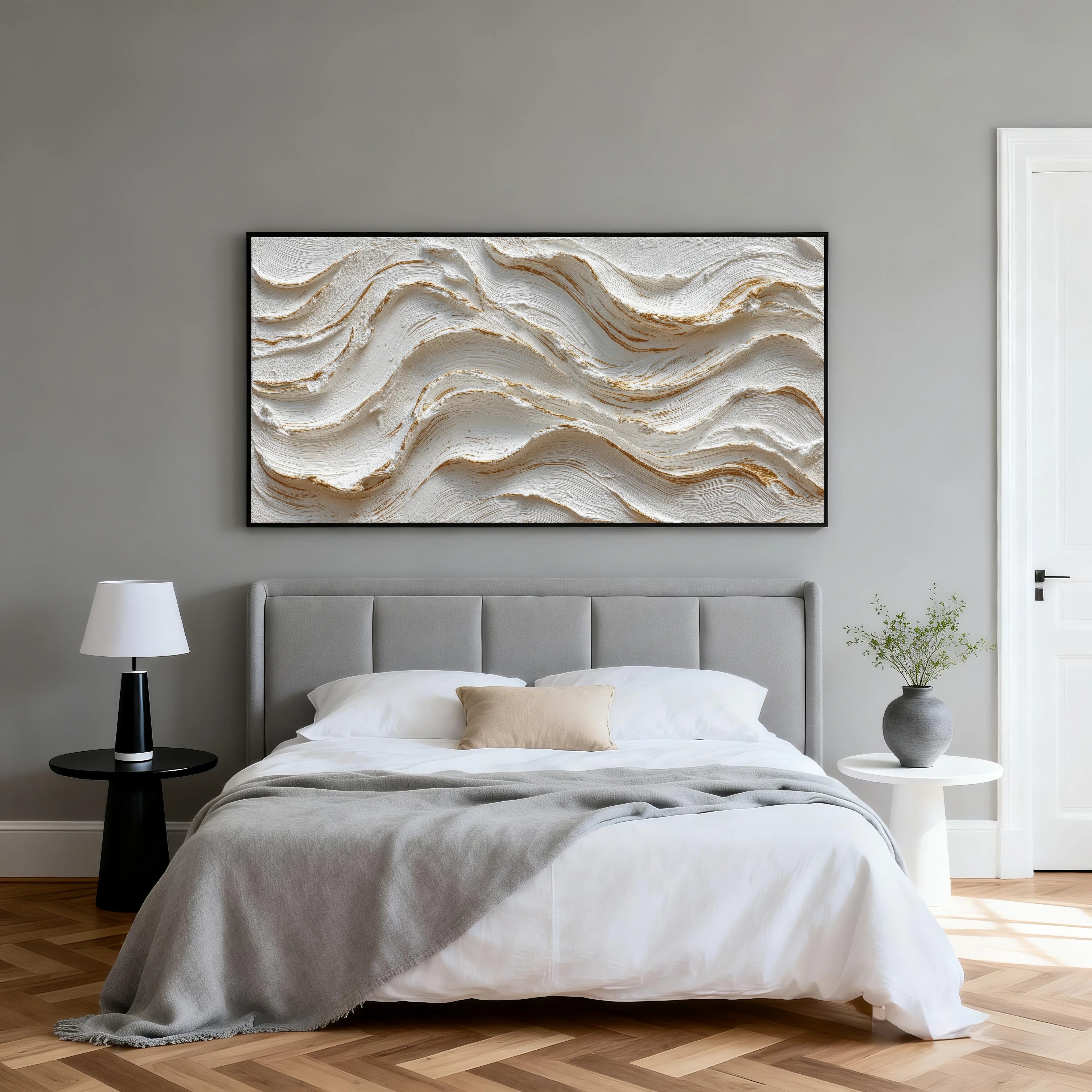 Horizontal 3D Textured Cream Wave Wall Art, Neutral White Tan Abstract for Living Room #VKQLU69U