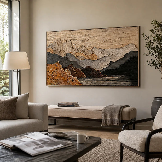 Textured Mountain Wall Art for Living Room, Beige and Black Landscape Painting #5H6UZGYQ