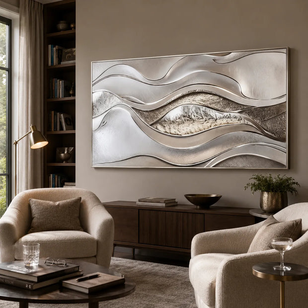 Silver Gray Textured Abstract Wall Art for Living Room, Modern Flowing Wave Design #06NT3BB7