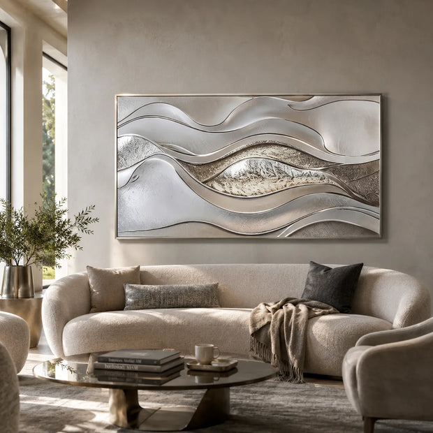 Silver Gray Textured Abstract Wall Art for Living Room, Modern Flowing Wave Design #06NT3BB7