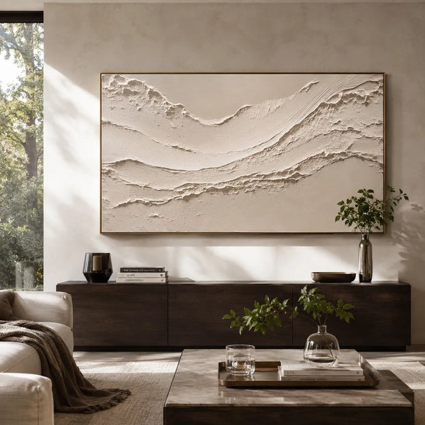 Warm Ivory Textured Abstract Wall Art for Living Room, Minimalist Mountain Relief #FK1TY8II