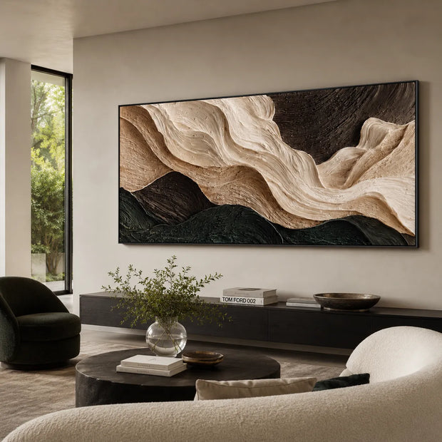 Warm Ivory and Deep Green Textured Abstract Wall Art for Living Room, Flowing Forms #TNBQI1JC