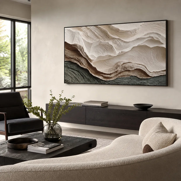 Warm Ivory Textured Abstract Wall Art for Living Room, Layered Organic Waves #IWLA4GJZ
