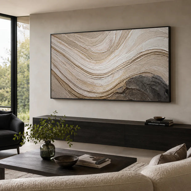 Warm Ivory Textured Abstract Wall Art for Living Room, Flowing Stone-Inspired Layers #15UDX87W