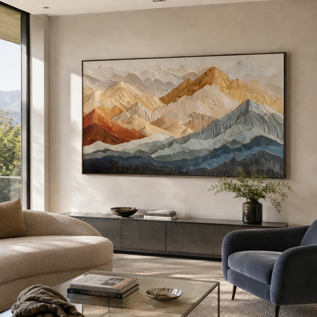 Colorful Mountain Wall Art for Living Room, Gold Rust and Blue Layered Landscape #UXCDZQ92