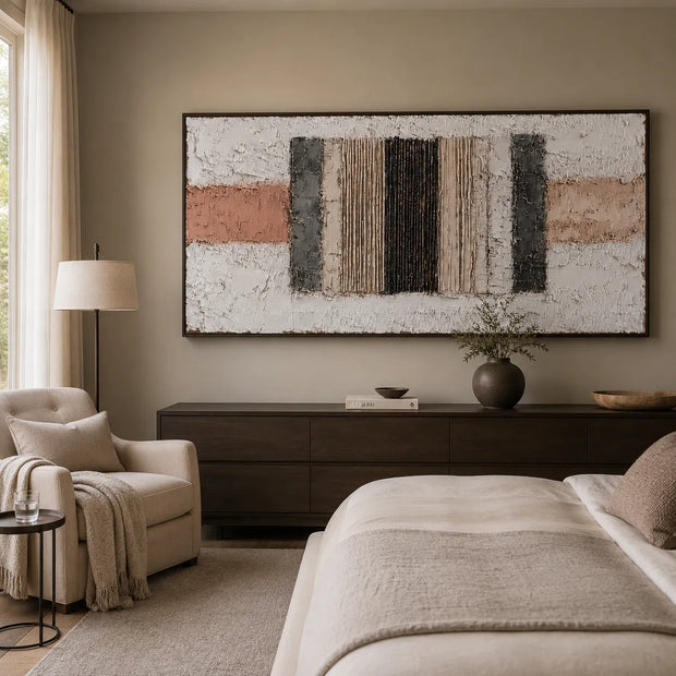 Soft White and Blush Textured Abstract Wall Art for Living Room, Geometric Relief #Y4B3ORMG