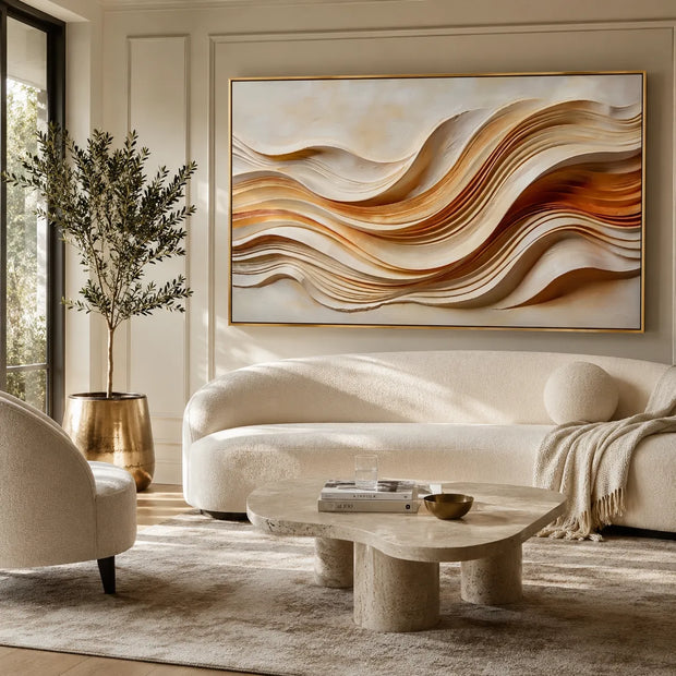 Cream and Terracotta Textured Abstract Wall Art for Living Room, Flowing Waves #DEE5P1NF