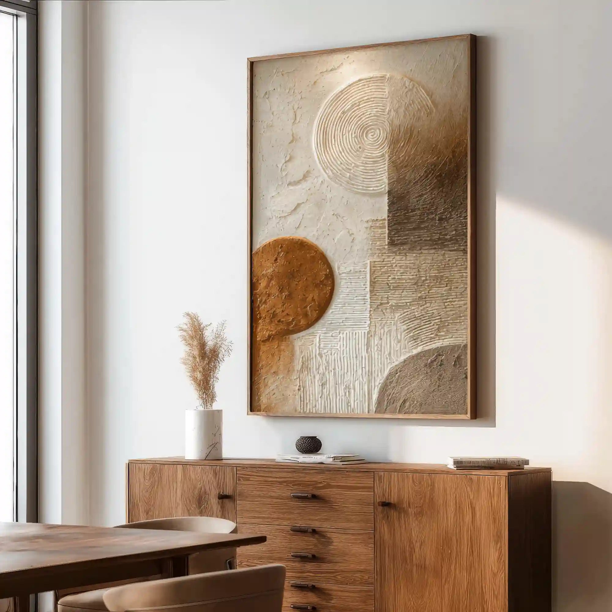 Earth Tone Geometric Textured Wall Art with Organic Circles for Living Room