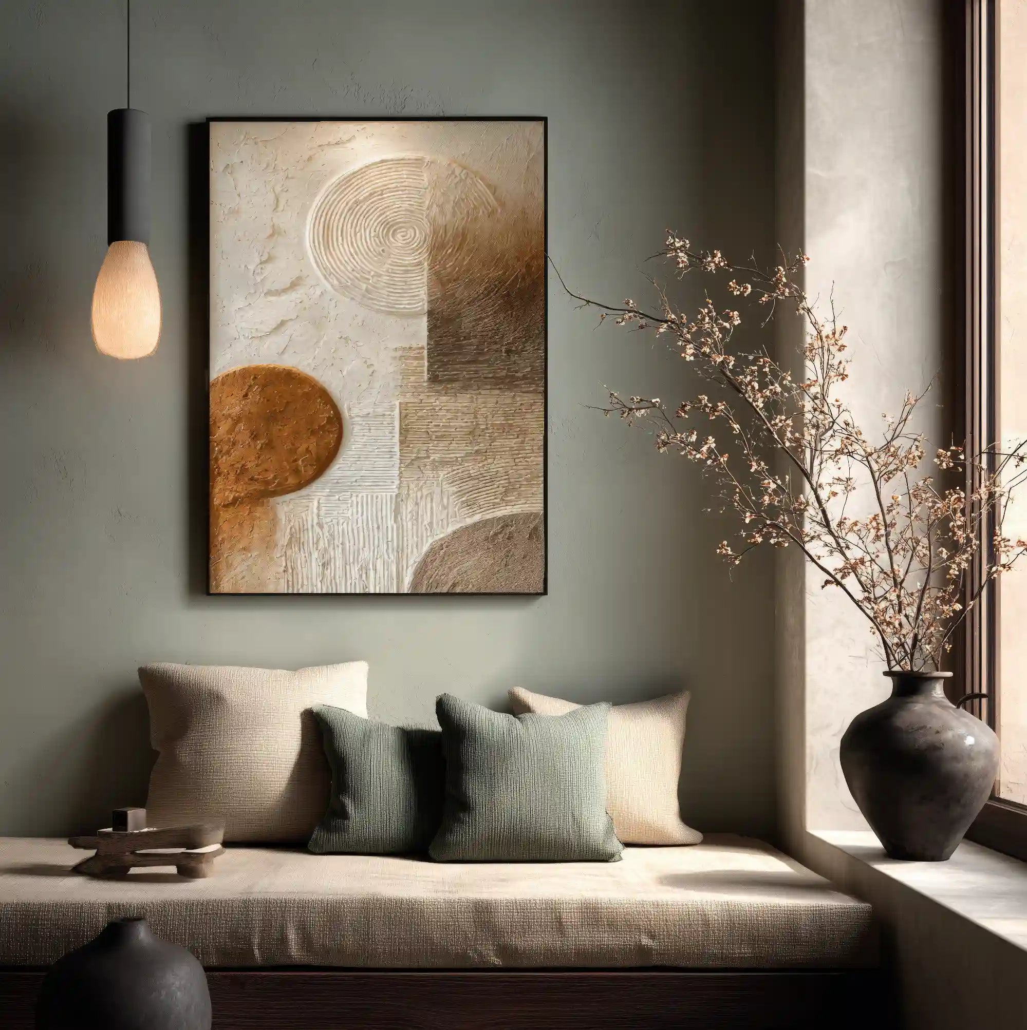 Earth Tone Geometric Textured Wall Art with Organic Circles for Living Room