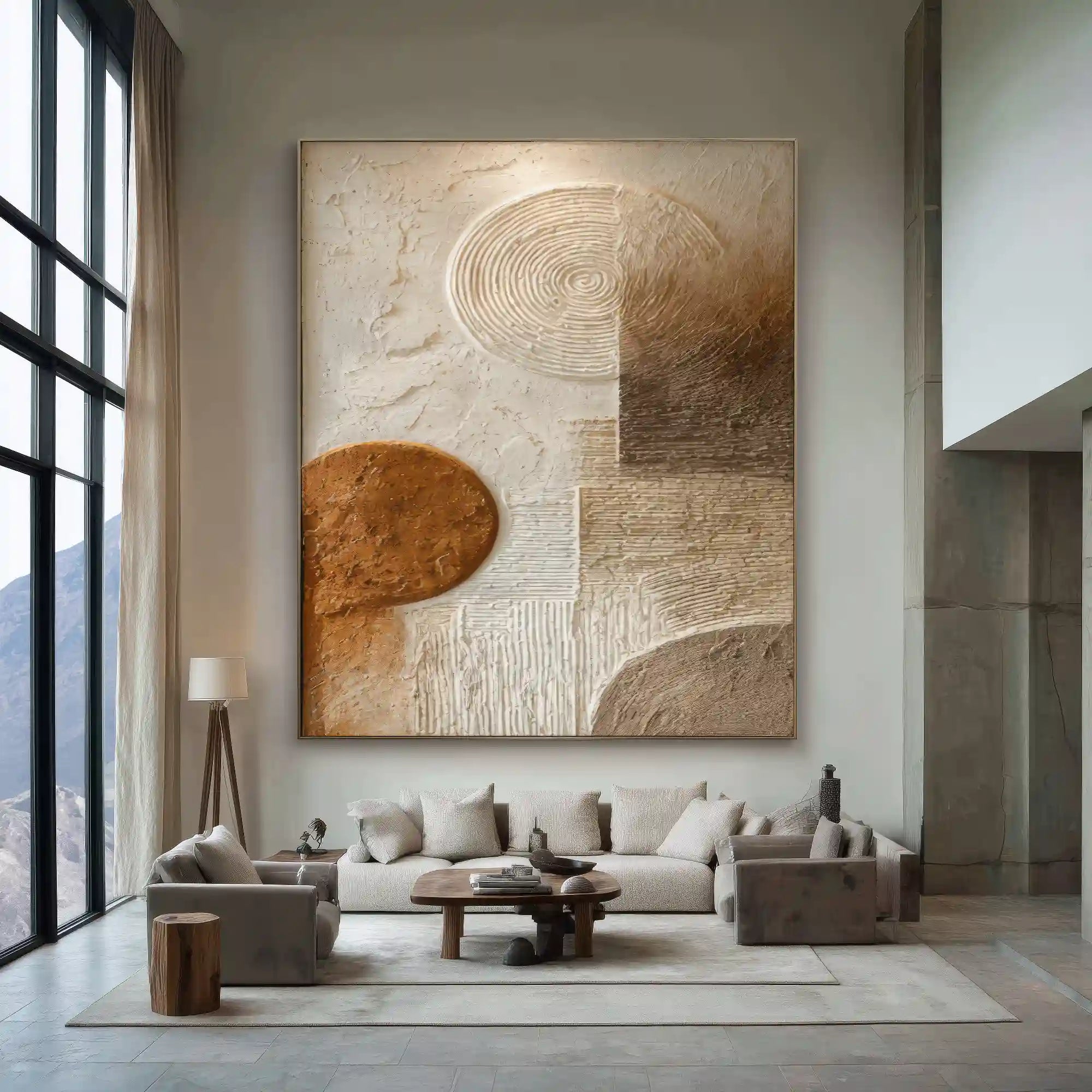 Earth Tone Geometric Textured Wall Art with Organic Circles for Living Room