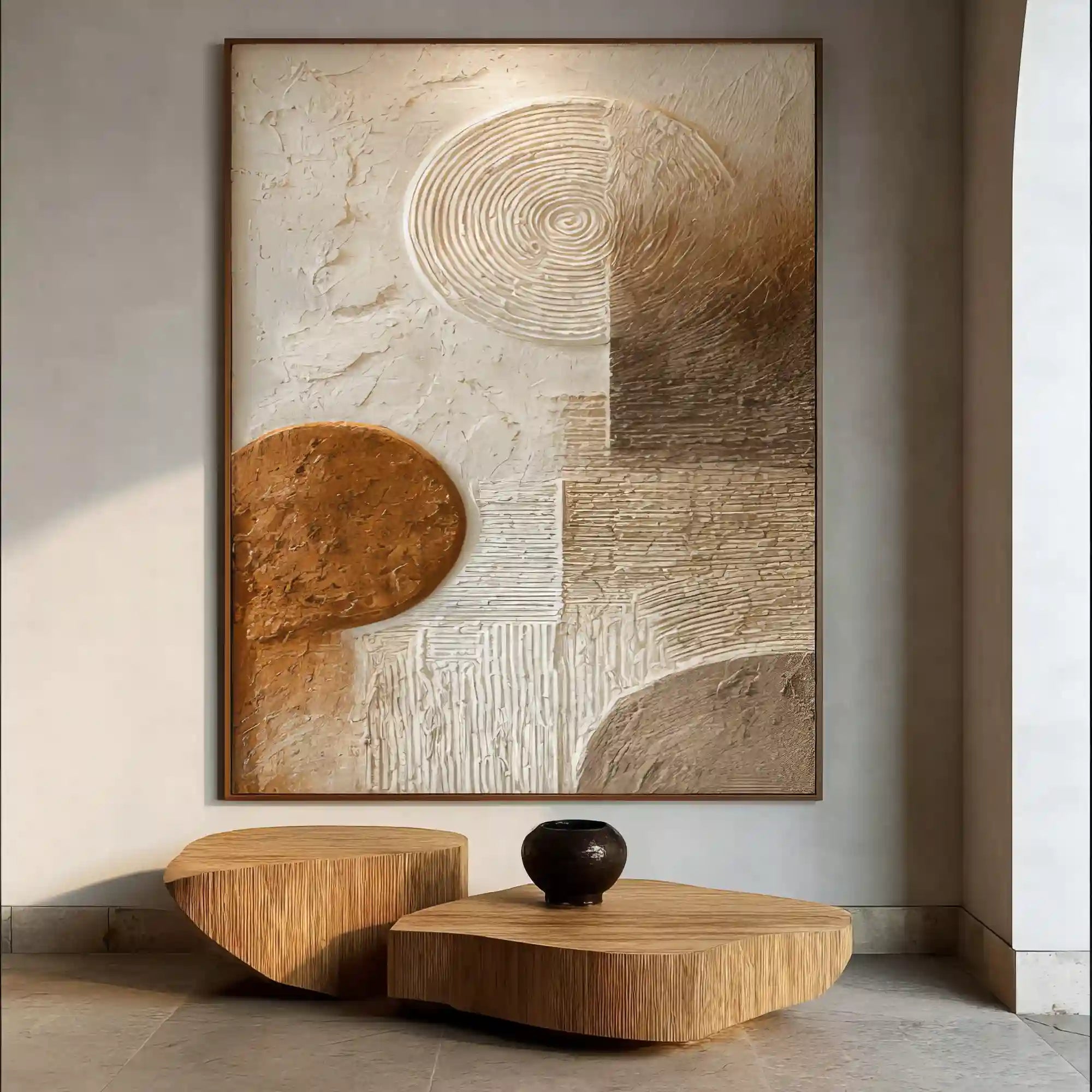 Earth Tone Geometric Textured Wall Art with Organic Circles for Living Room