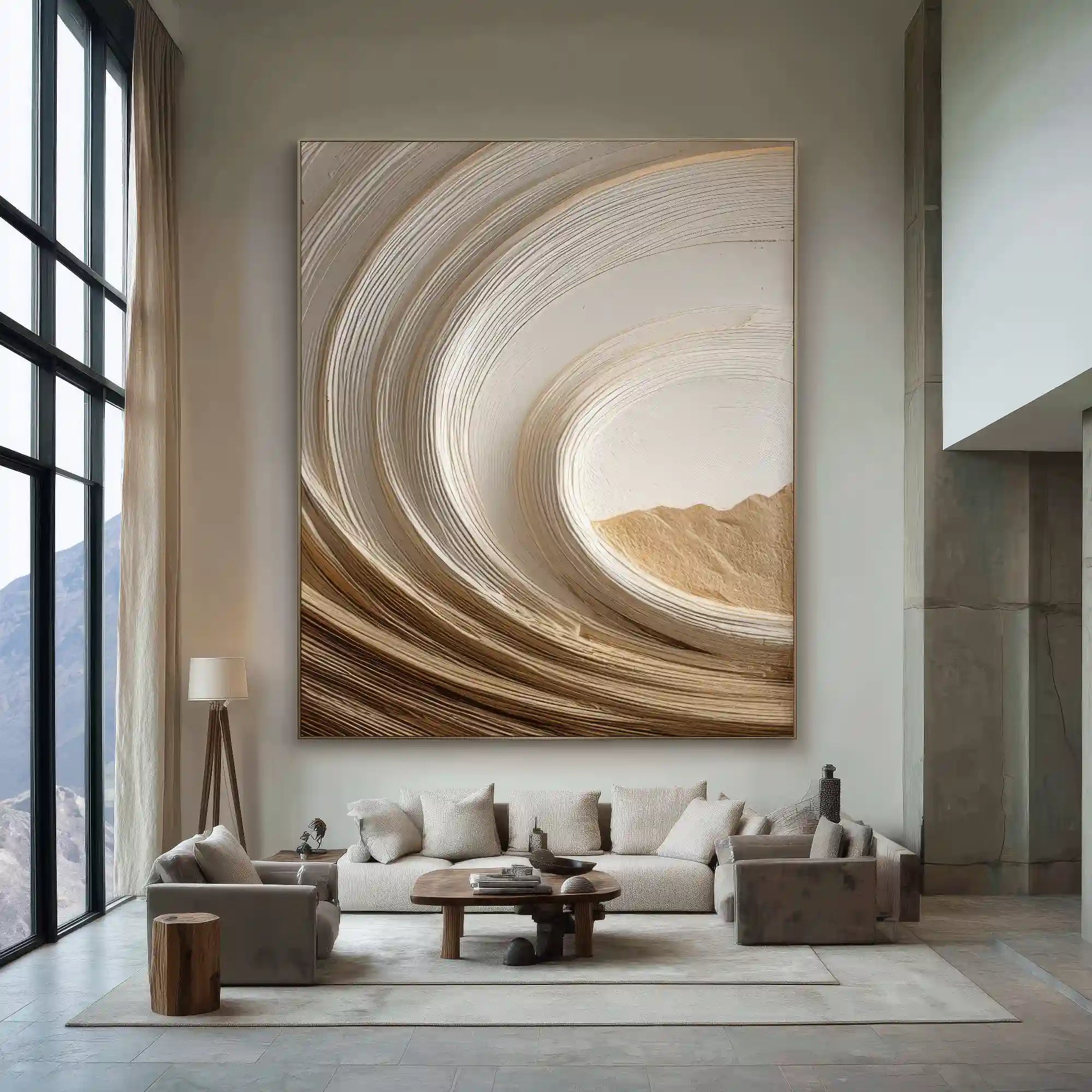 Warm Neutral Textured Abstract Wall Art with Flowing Curves for Living Room