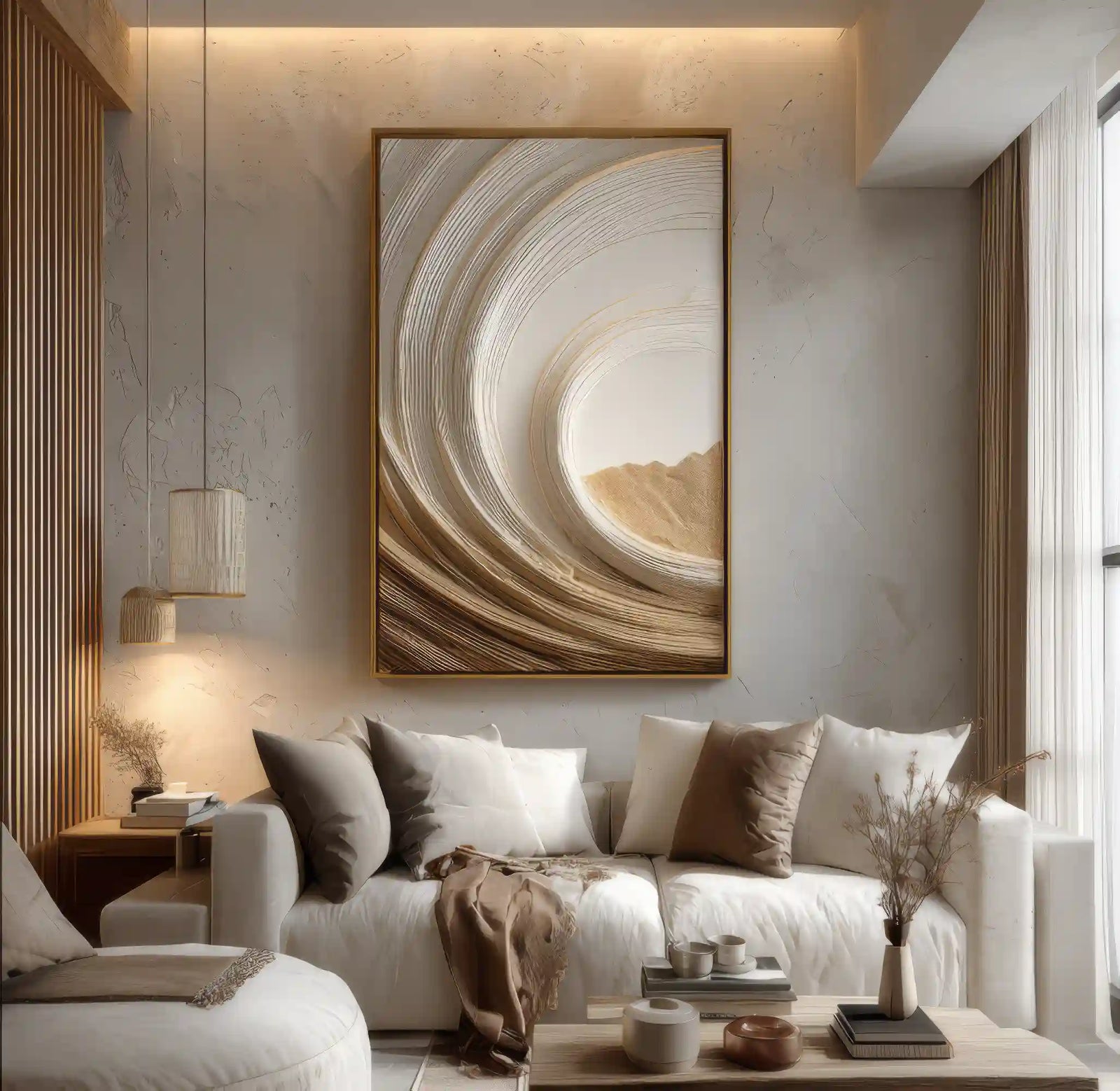 Warm Neutral Textured Abstract Wall Art with Flowing Curves for Living Room