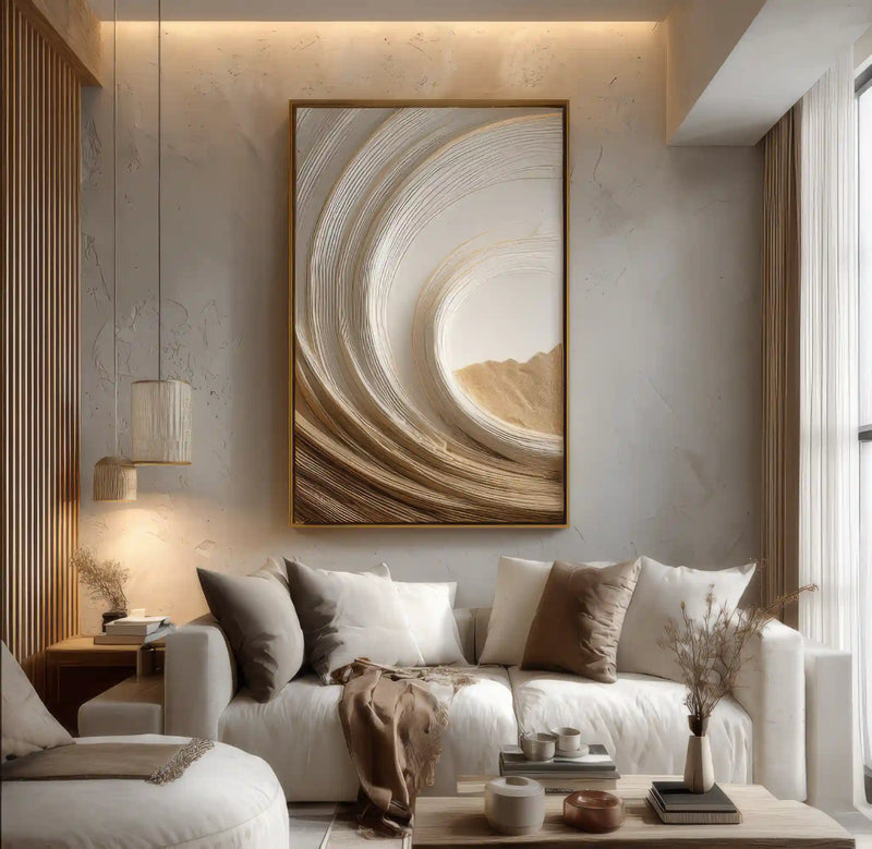Warm Neutral Textured Abstract Wall Art with Flowing Curves for Living Room