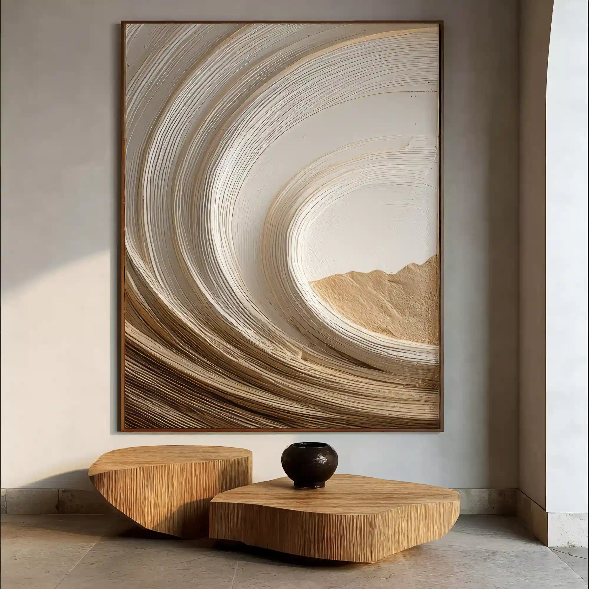 Warm Neutral Textured Abstract Wall Art with Flowing Curves for Living Room