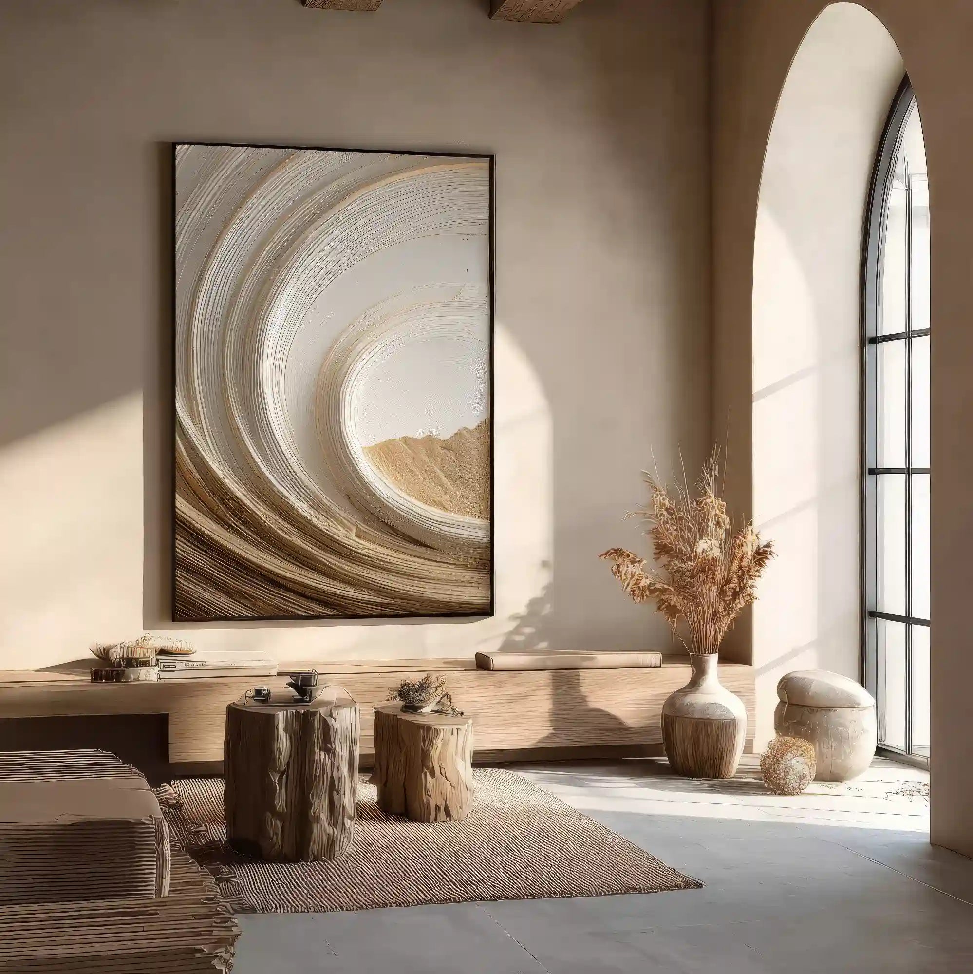 Warm Neutral Textured Abstract Wall Art with Flowing Curves for Living Room