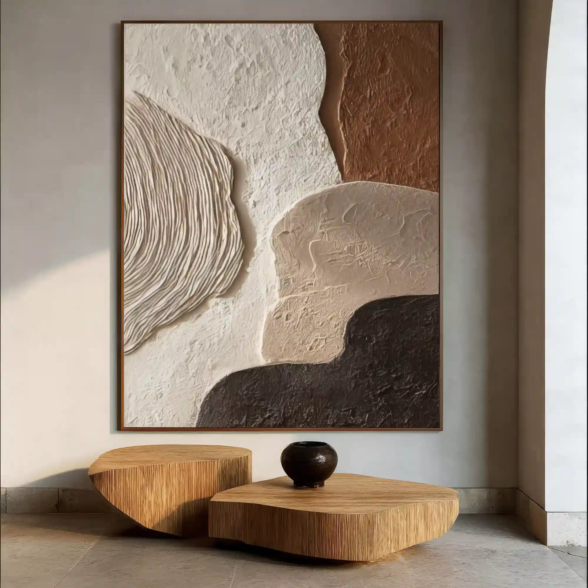 Earth Tone Geometric Textured Wall Art with Organic Shapes for Living Room