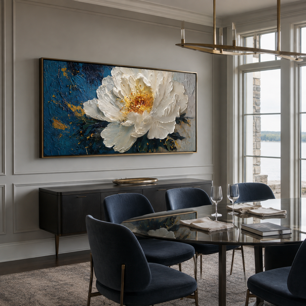 White and Navy Monet-Inspired Hand-Painted Art Textured Floral Art for Living Room #B1SB4E5M
