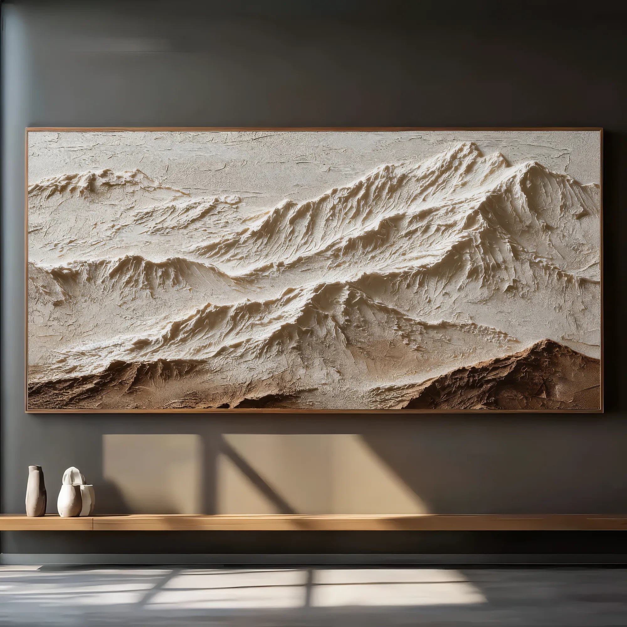 Horizontal 3D Textured Mountain Wall Art, Neutral Cream Beige Landscape for Living Room #E4NYNKVD