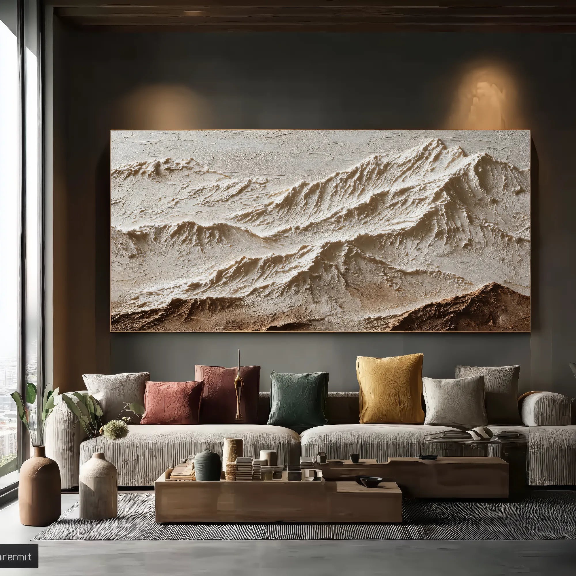 Horizontal 3D Textured Mountain Wall Art, Neutral Cream Beige Landscape for Living Room #E4NYNKVD