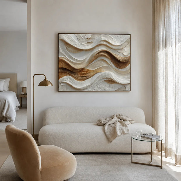 Warm Ivory Textured Wave Wall Art for Modern Living Room #ZCMNQAEB